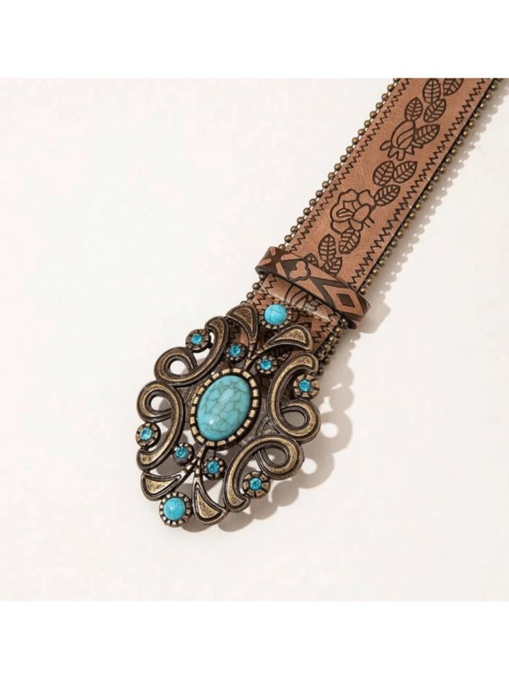 Bohem Deri Kemer Turkuaz Taşlı Tokalı - Görsel 3