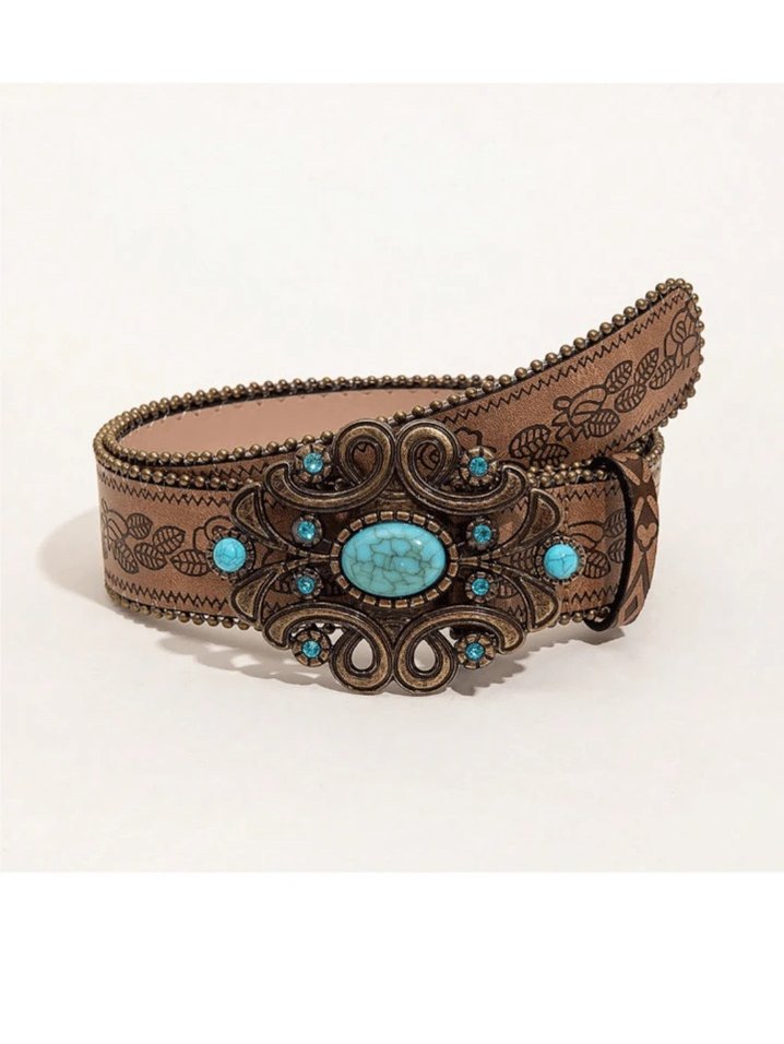Bohem Deri Kemer Turkuaz Taşlı Tokalı - Görsel 5