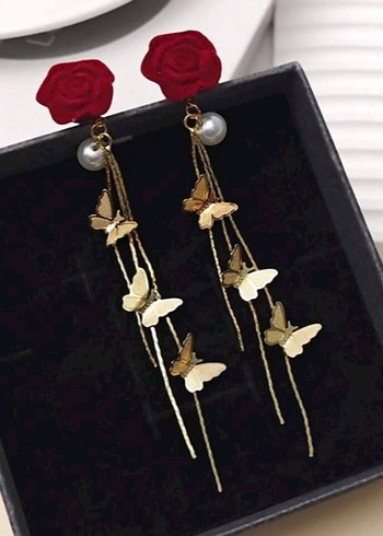 Kırmızı Boncuklu Çiçekli Midi Küpeler - Görsel 2