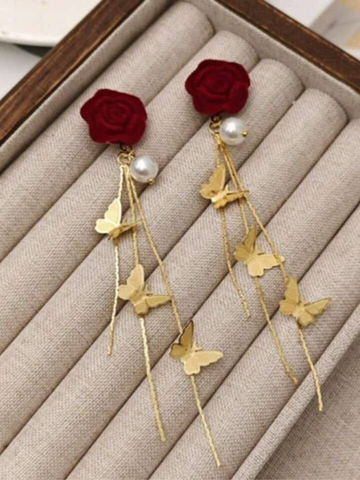 Kırmızı Boncuklu Çiçekli Midi Küpeler - Görsel 3