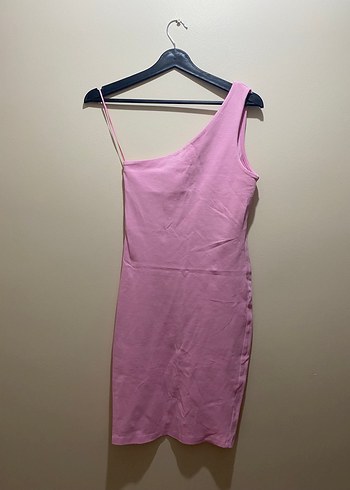 Pembe Asimetrik Midi Elbise