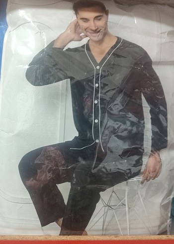 Siyah V Yaka Düğmeli Erkek Pijama Takımı - Görsel 6