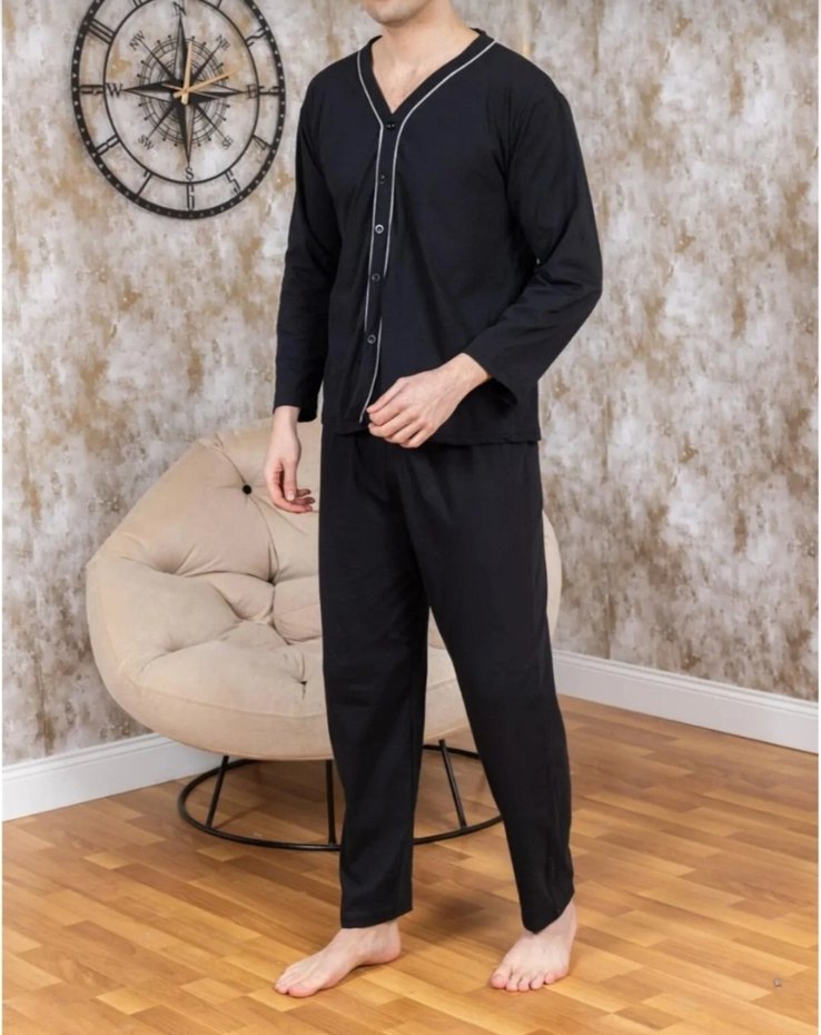 Siyah V Yaka Uzun Kollu Erkek Pijama Takımı - Görsel 4