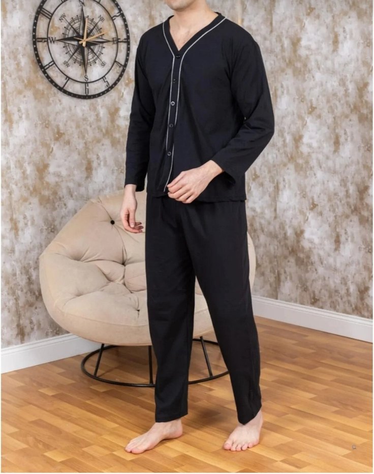 M Beden Siyah V Yakalı Erkek Pijama Takımı - Görsel 3