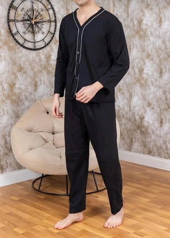 Xl Beden Erkek Siyah V Yaka Uzun Kollu Pijama Takımı - Görsel 4