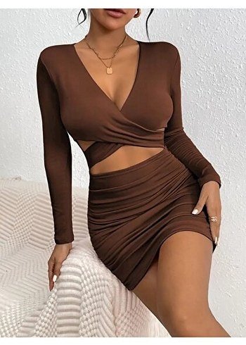 M.L beden Kahverengi Drapeli Mini Elbise - Görsel 2