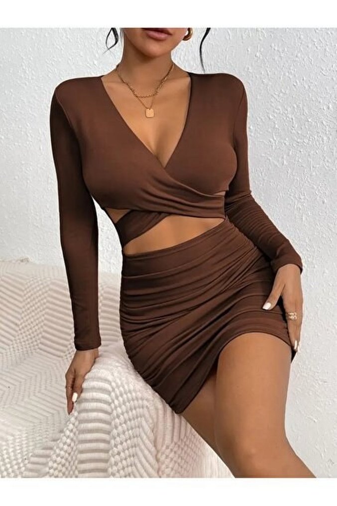 M.L beden Kahverengi Drapeli Mini Elbise - Görsel 2