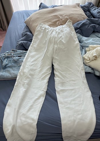 Beyaz Keten Regular Fit Midi Kadın Pantolon - Görsel 4