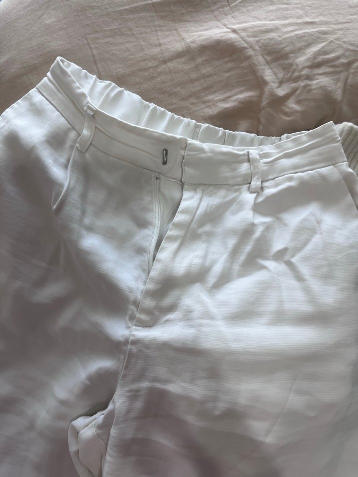 Beyaz Keten Regular Fit Midi Kadın Pantolon - Görsel 2