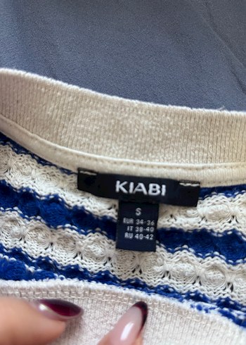 Mavi Beyaz Çizgili Örgü Kadın Tişört - Görsel 2