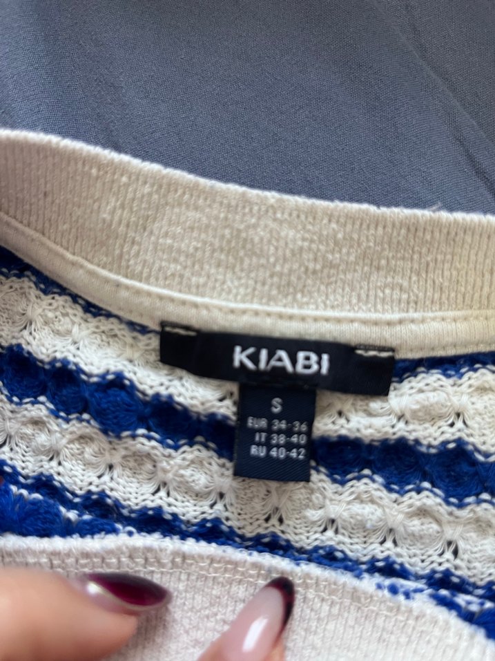 Mavi Beyaz Çizgili Örgü Kadın Tişört - Görsel 2