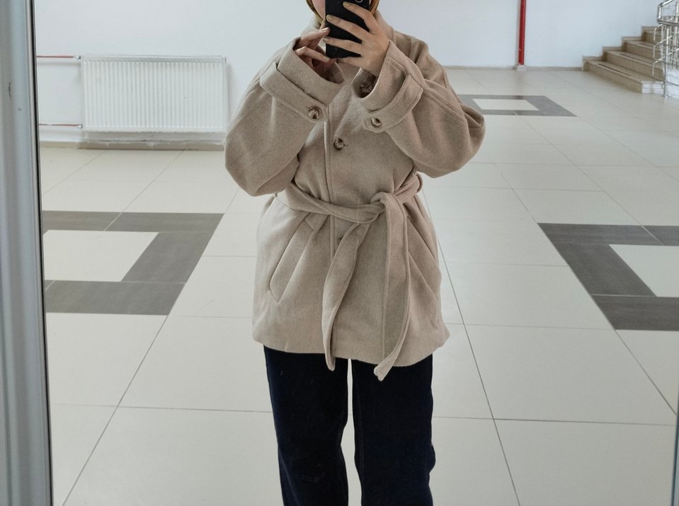 kol apoletli bej kaşe kaban - Görsel 4