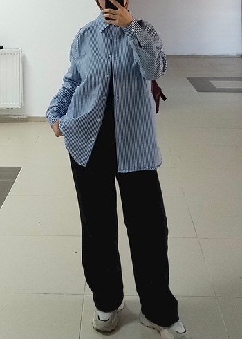 Gri Mavi Çizgili Salaş Kadın Gömlek - Görsel 2