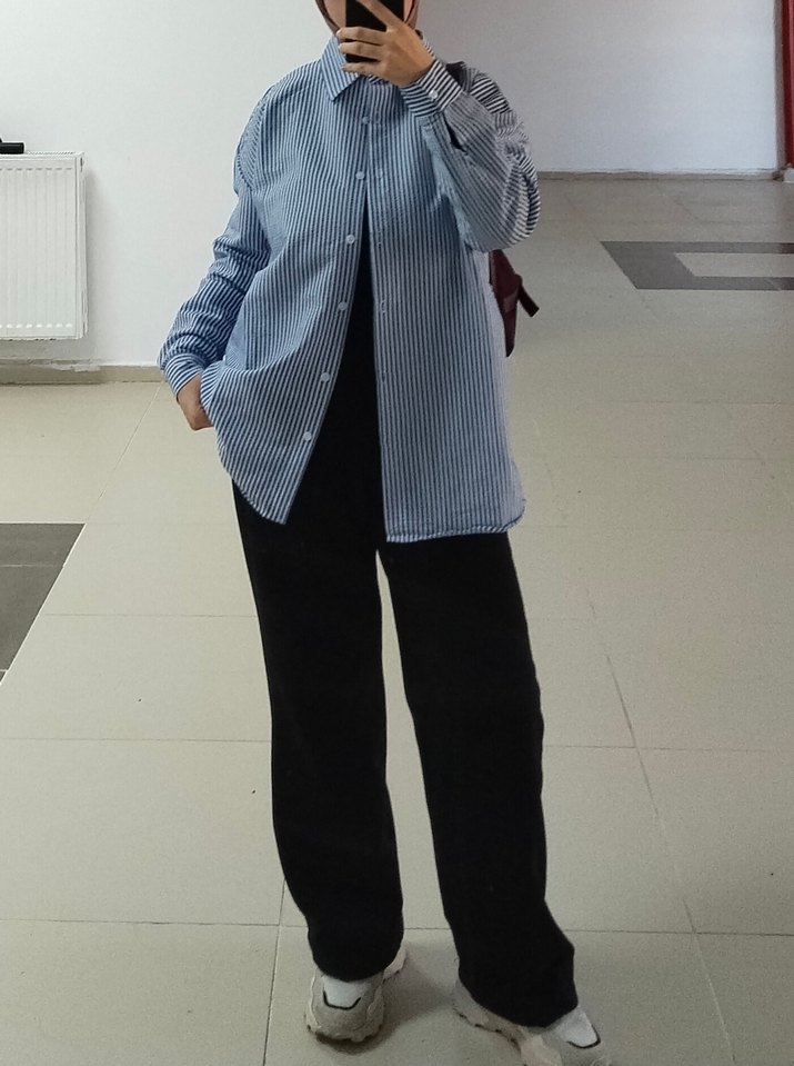 Gri Mavi Çizgili Salaş Kadın Gömlek - Görsel 2