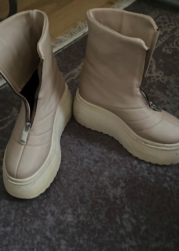 Bej Deri Fermuarlı Kadın Dolgu Topuk Bot - Görsel 2