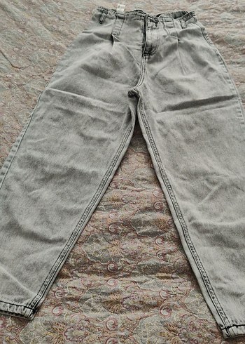 Diğer Acik Gri Yikamali Rahat Denim Pantolon