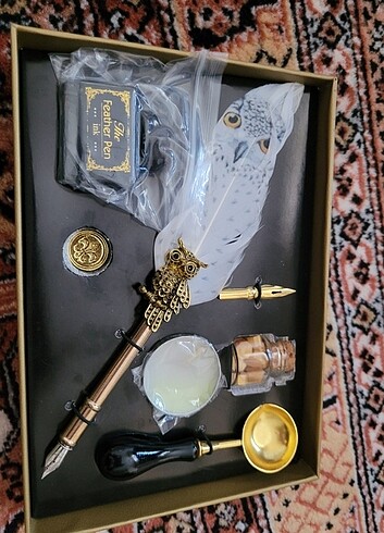 Feather pen baykuş desenli dolma kalem seti beyaz renk 