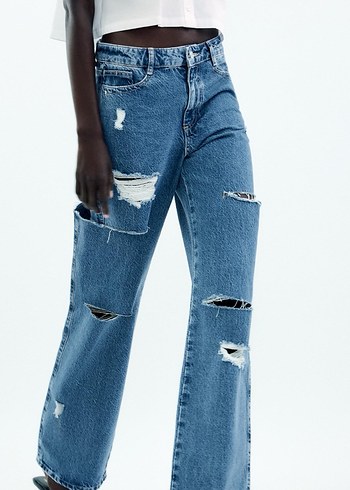 Zara Rahat Kesim Yırtık Mavi Kadın Kot Pantolon
