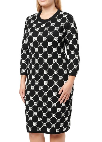 DKNY Beyaz Monogramli Siyah Triko Elbise