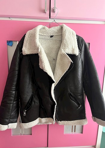 Siyah Kürklü Deri Biker Ceket