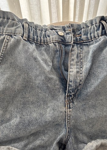 44 Beden gri Renk Gri Mini Kot Şort, Bel Detaylı, Rahat Kesim