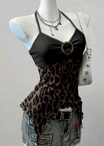 Y2k boyundan baglamali leopar desenli bluz