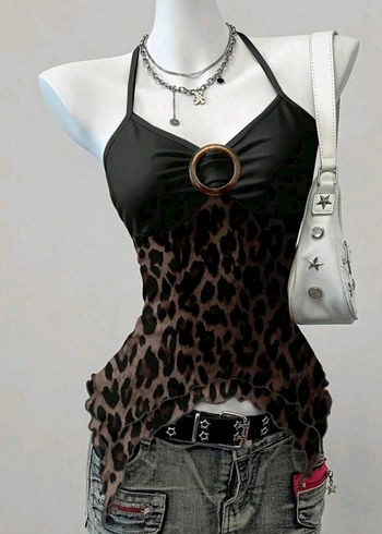 Sheinside Y2k boyundan baglamali leopar desenli bluz