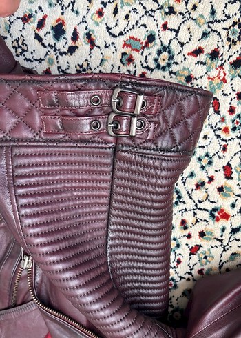 Bordo Deri Biker Ceket Derimod bayan - Görsel 3