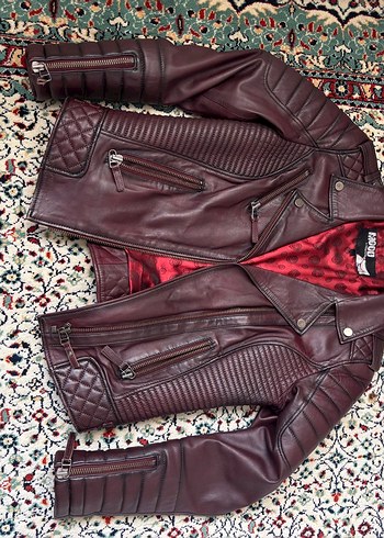 Bordo Deri Biker Ceket Derimod bayan - Görsel 2