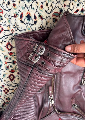 Bordo Deri Biker Ceket Derimod bayan - Görsel 4