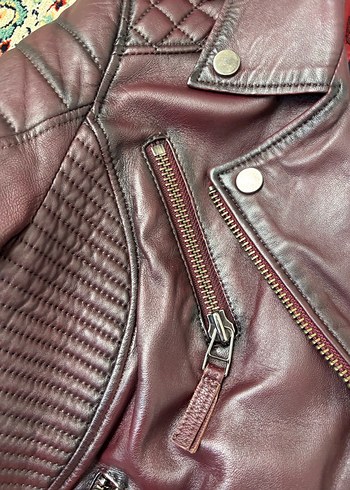 Bordo Deri Biker Ceket Derimod bayan - Görsel 9