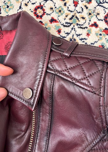 Bordo Deri Biker Ceket Derimod bayan - Görsel 7