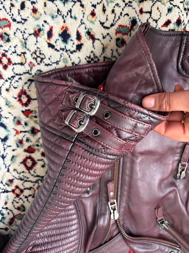 Bordo Deri Biker Ceket Derimod bayan - Görsel 4