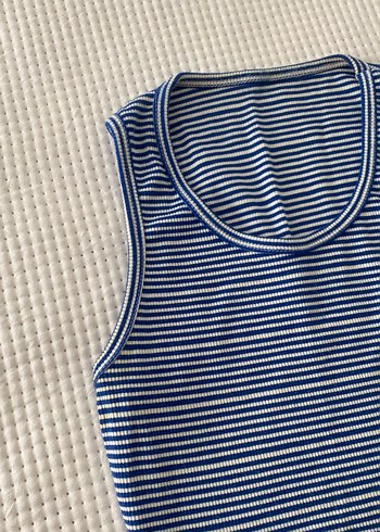 diğer Beden mavi Renk Mavi Çizgili Örme Kolsuz Crop Top