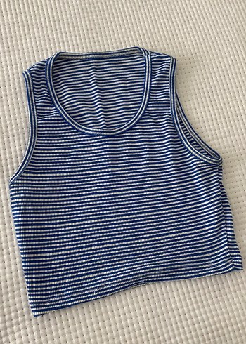 Mavi Çizgili Örme Kolsuz Crop Top
