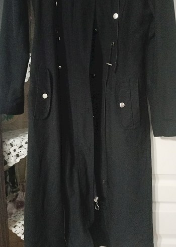 Düğmeli Siyah Uzun Kadın yagmurluk - Görsel 3