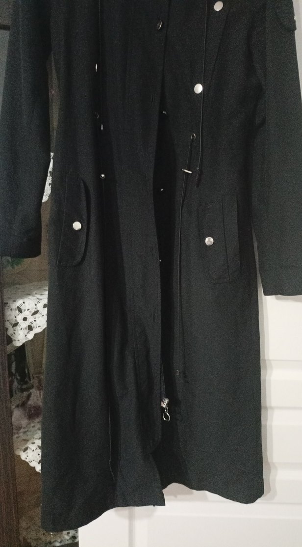 Düğmeli Siyah Uzun Kadın yagmurluk - Görsel 3
