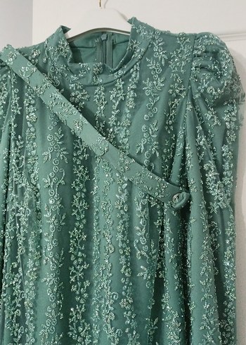 Püsküllü Yeşil Uzun Kollu Bohem Abiye Elbise - Görsel 5