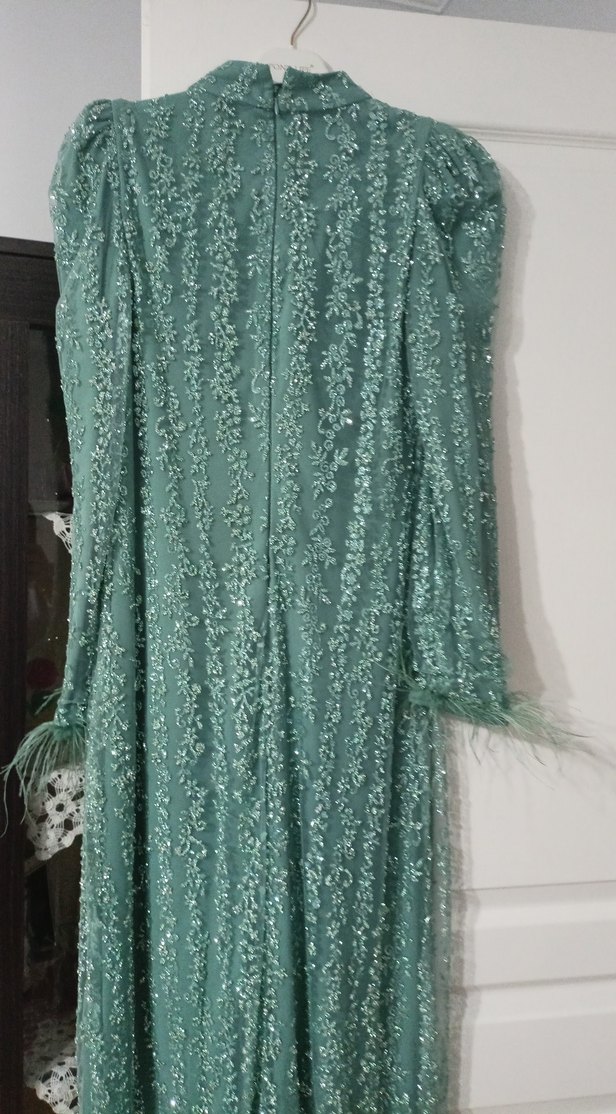 Püsküllü Yeşil Uzun Kollu Bohem Abiye Elbise - Görsel 4