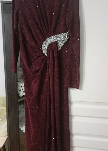 Bordo Drapeli Uzun Kollu Kadın Abiye Elbise - Görsel 3