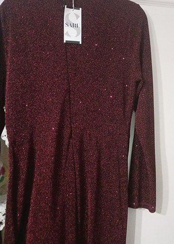 Bordo Drapeli Uzun Kollu Kadın Abiye Elbise - Görsel 4