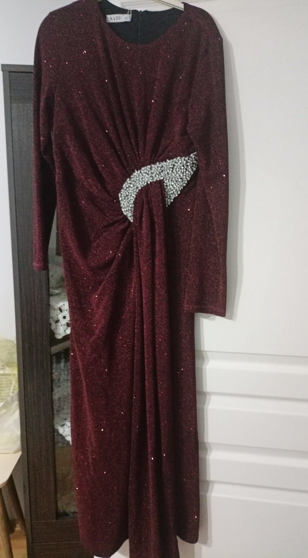 Bordo Drapeli Uzun Kollu Kadın Abiye Elbise - Görsel 3