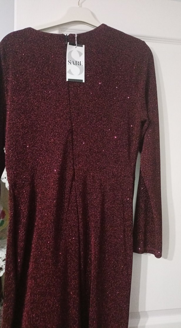 Bordo Drapeli Uzun Kollu Kadın Abiye Elbise - Görsel 4