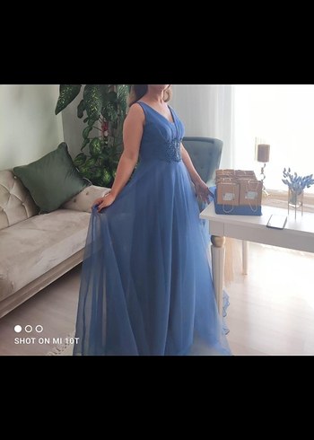 Klasik V Yaka Mavi Uzun Abiye Elbise - Görsel 3