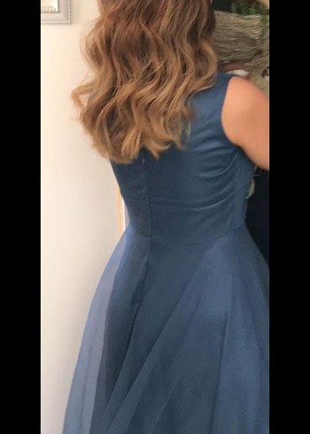 Klasik V Yaka Mavi Uzun Abiye Elbise - Görsel 4