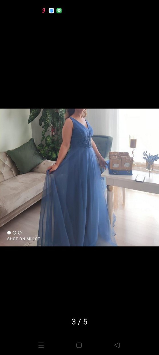 Klasik V Yaka Mavi Uzun Abiye Elbise - Görsel 3