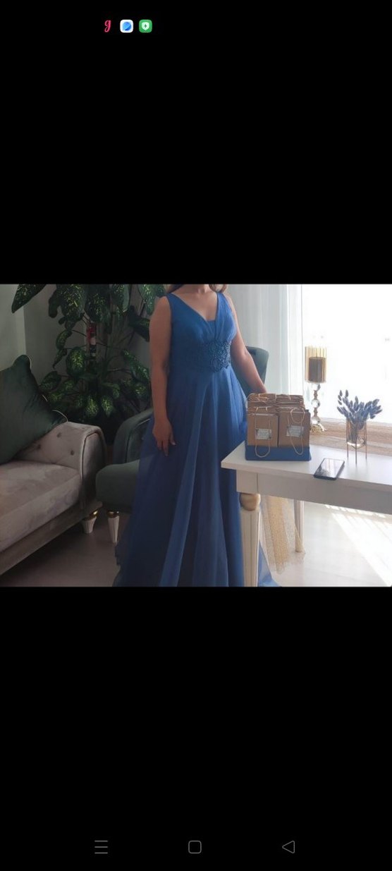 Klasik V Yaka Mavi Uzun Abiye Elbise - Görsel 2