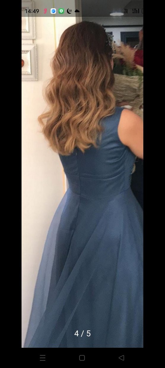 Klasik V Yaka Mavi Uzun Abiye Elbise - Görsel 4