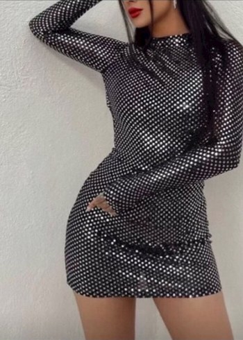 Siyah Uzun Kollu ışıltılı Elbise - Görsel 2