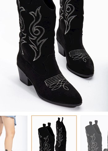 Siyah Nakışlı Süet Topuklu Kadın Çizme - Görsel 2